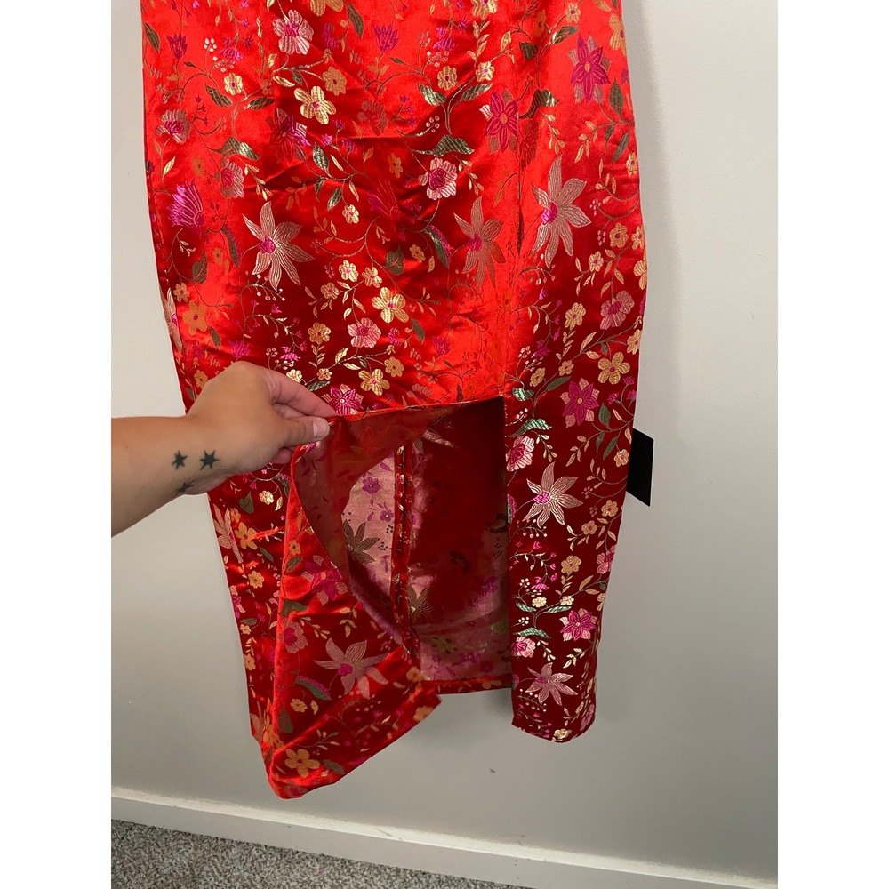 Lulus Make a Move Red Satin Floral Jacquard Strapless Midi Dress Size Large NWT - Picture 5 of 14